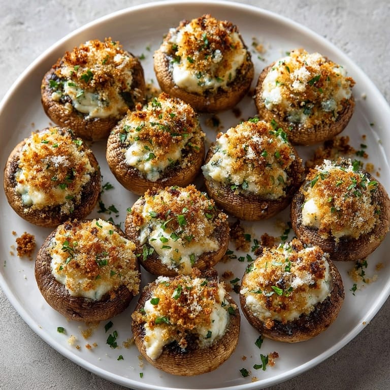 Freshly baked cheesy stuffed garlic mushrooms featuring melty cheese filling and a crispy parmesan topping.