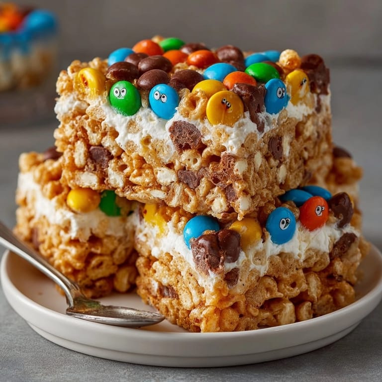 Homemade Monster Marshmallow Cereal Bars ready to serve, a fun, sweet, and crispy treat.