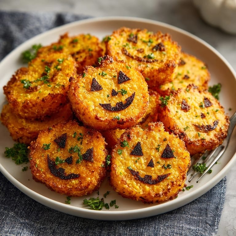 Golden Air-Fryer Sweet Potato Jack-o'-Lantern Fries, showing detailed carvings and smoky seasoning.