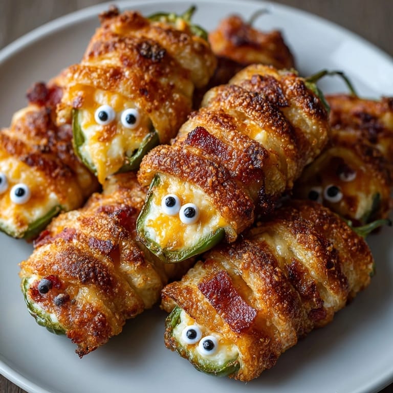 Spooky Mummy Jalape&amp;ntilde;o Poppers with melted cheese, ready to eat, pair with cool ranch dip.
