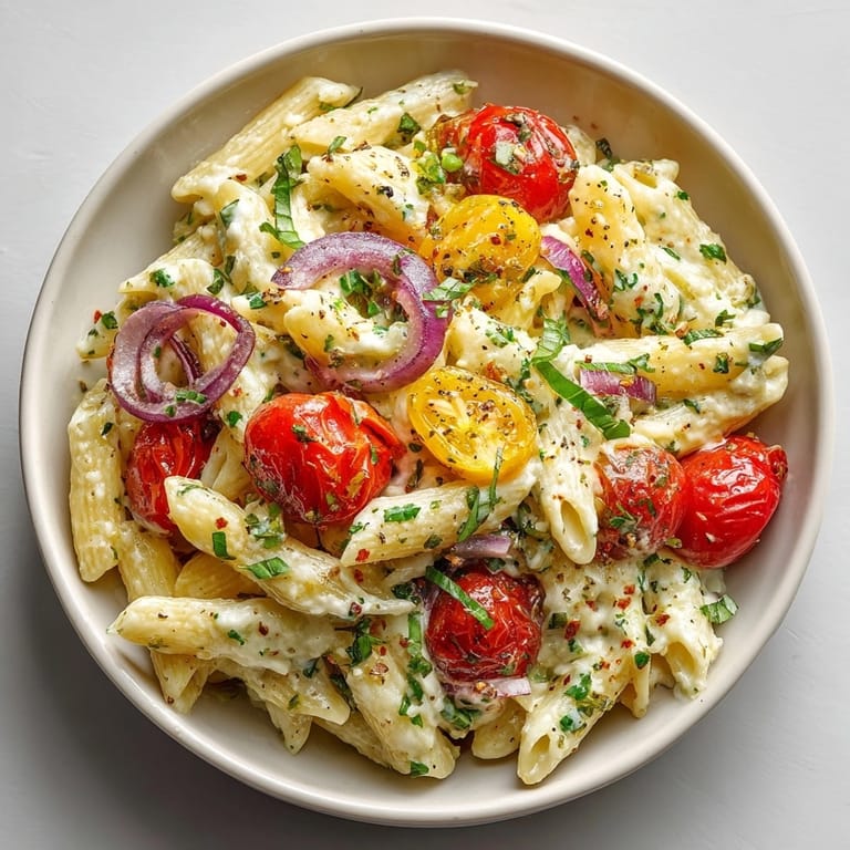 Mediterranean Express Baked Feta Pasta, ready to serve; roasted feta and tomato goodness.
