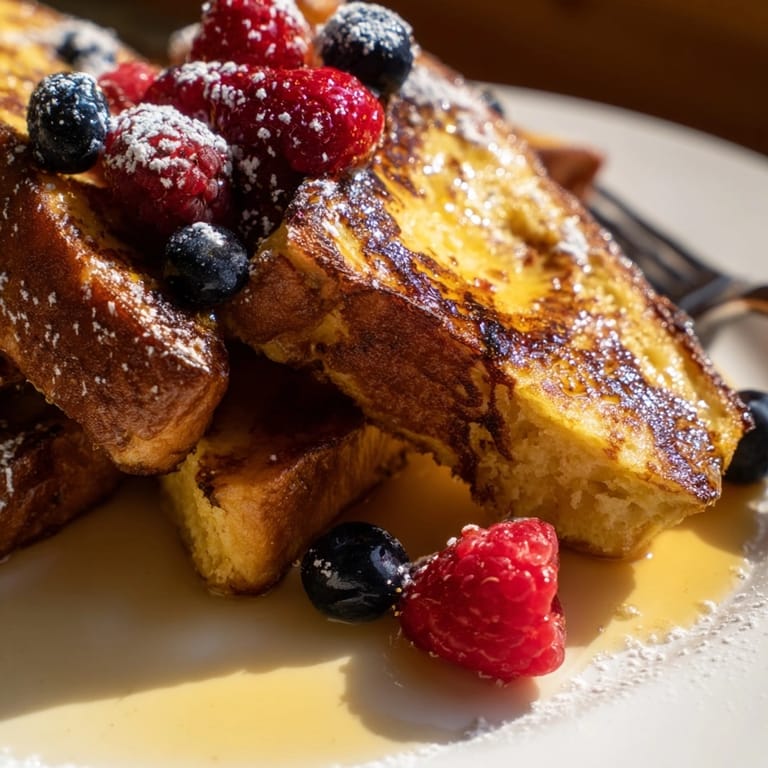 Stack of Brioche French Toast drizzled with maple syrup, berries, and powdered sugar.