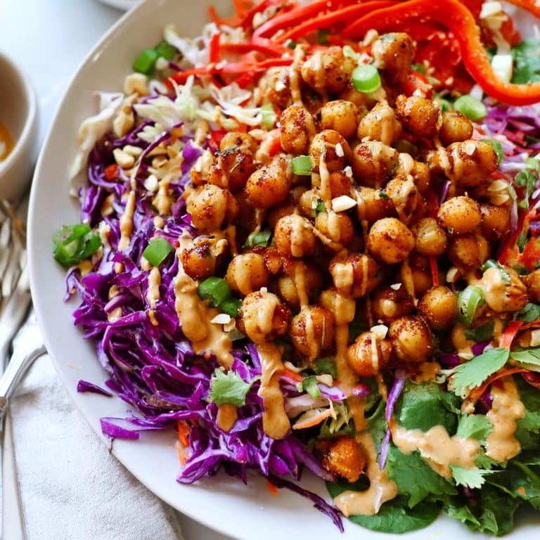 Imagine layers of flavors in this tasty Thai Peanut Roasted Chickpea Salad recipe.