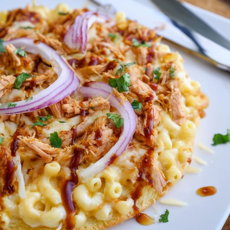 Homemade Mac and Cheese BBQ Chicken Pizza, ready to serve, ideal weeknight dinner.