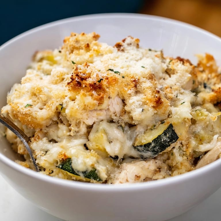 Creamy Alfredo Chicken Zucchini Casserole: Layers of cheesy goodness, chicken, zucchini, ready to serve.