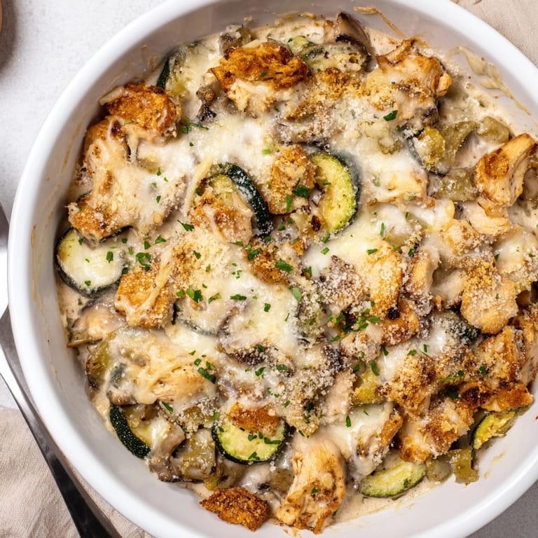 Homemade Alfredo Chicken Zucchini Casserole baked until golden, inviting weeknight meal.
