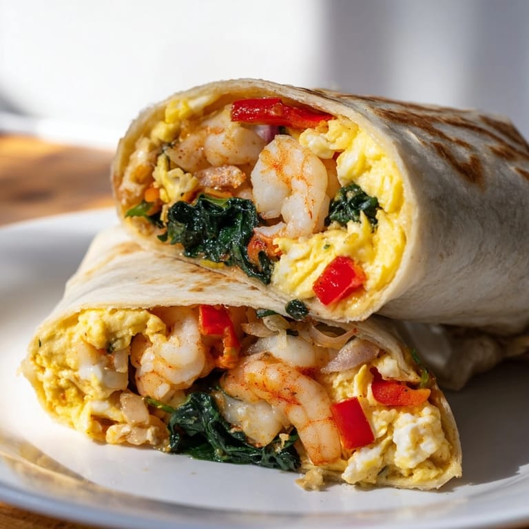 Golden, toasted Shrimp &amp; Spinach Breakfast Burritos; perfect pescatarian breakfast ready within thirty minutes.