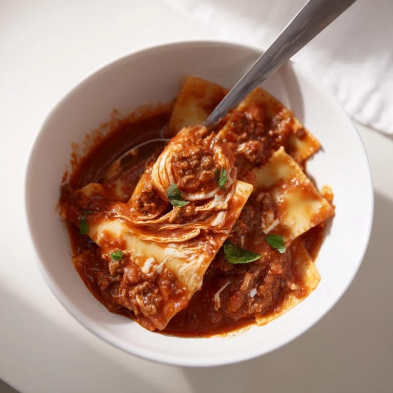 Savory Lasagne Soup with Caramelized Onion Swirl, featuring tender noodles and aromatic spices.