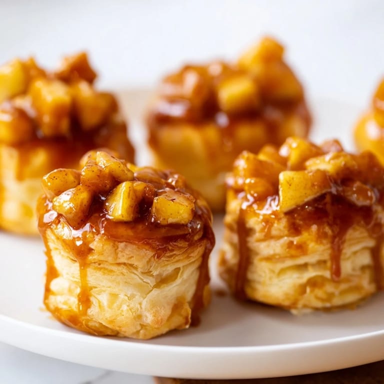 Golden-brown puff pastry donuts stuffed with caramelized apples, topped with rich caramel.
