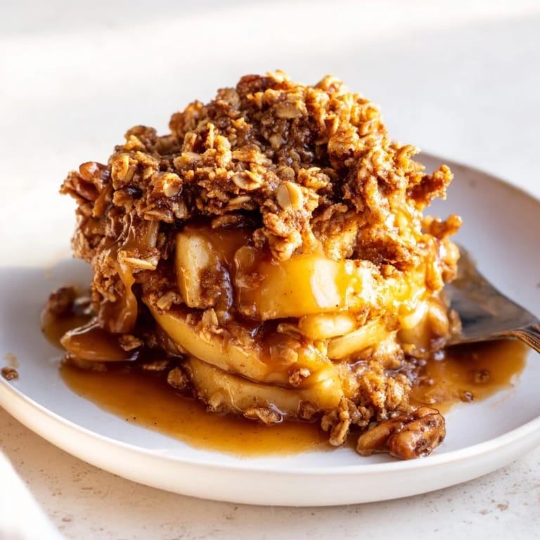 Tender baked apples drizzled with rich maple bourbon caramel sauce, topped with oats.  