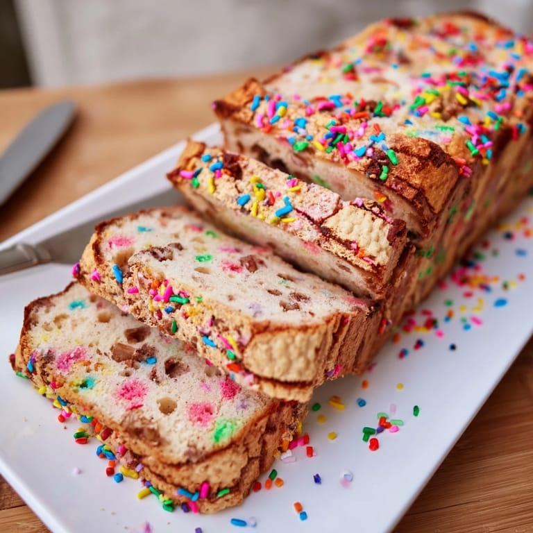 Sliced Funfetti Chai Biscuit Cake Loaf showcasing vibrant sprinkles and aromatic spices.