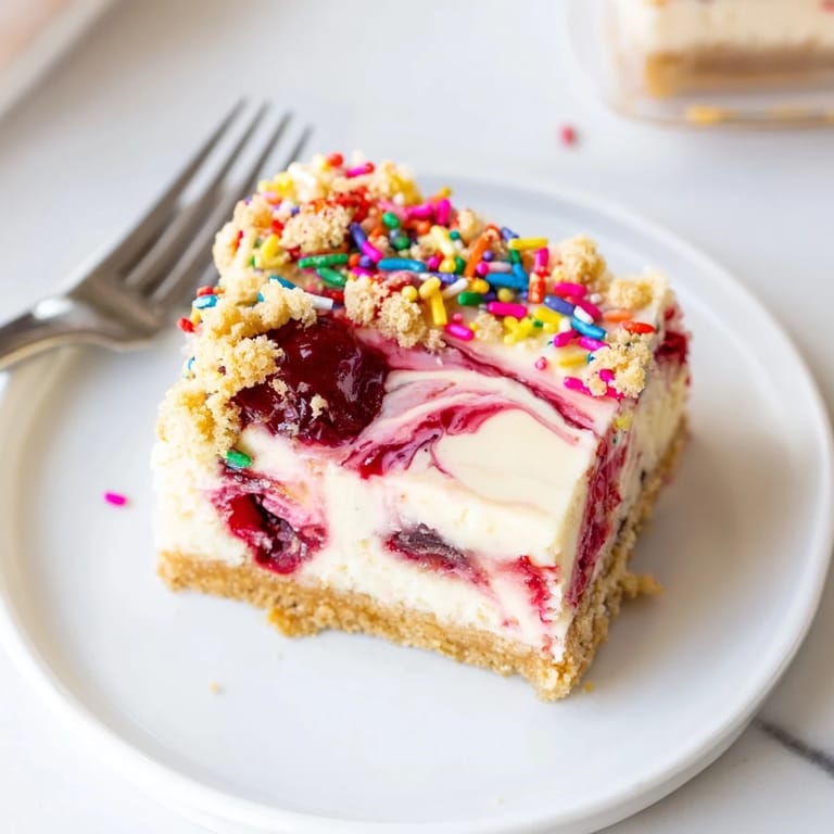 A slice of Cherry Cheesecake Birthday Cake Bars, drizzled with vibrant cherry filling and sprinkles.