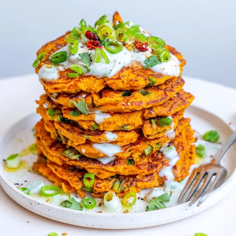 Deliciously layered sweet potato pancakes drizzled with tangy yogurt, garnished with fresh herbs.
