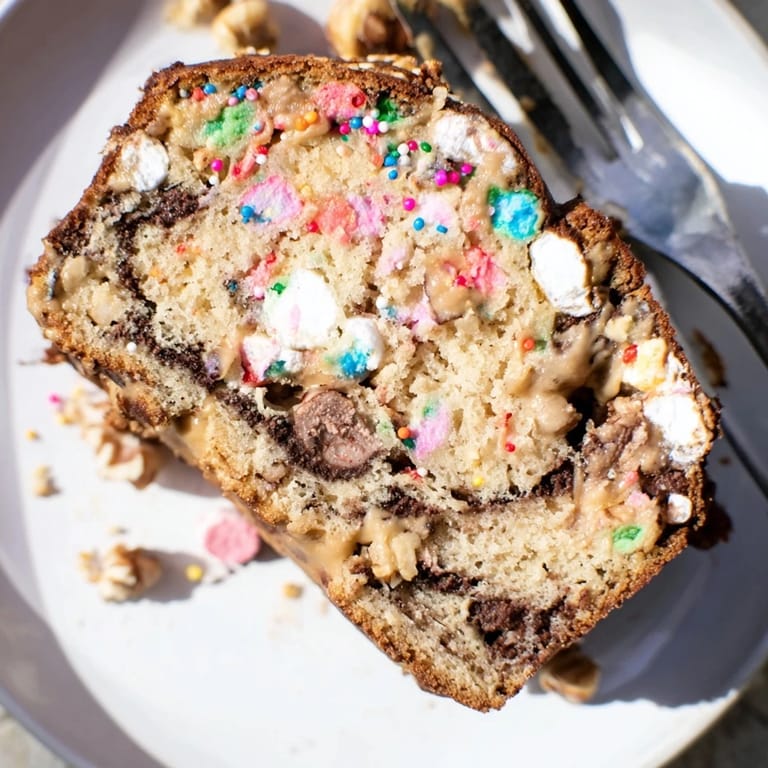 Deliciously gooey Chaos Cake Monster Muffin Loaf with swirls of creamy peanut butter.  