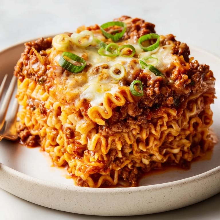 Comforting spicy ramen lasagna served in a creamy, flavorful dish at dinner.  