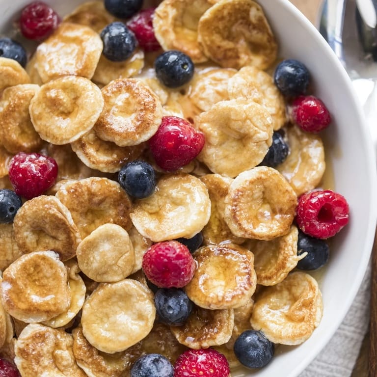 Fluffy mini pancakes, perfect for brunch, drizzled with honey and fruit.