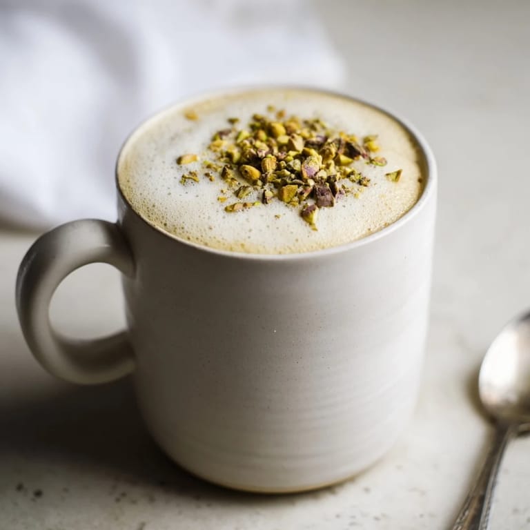 Enjoy a fragrant homemade pistachio milk latte, perfect for coffee lovers.  