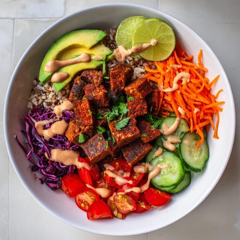 Colorful plant-based meat bowl garnished with cilantro and lime for extra zest.  