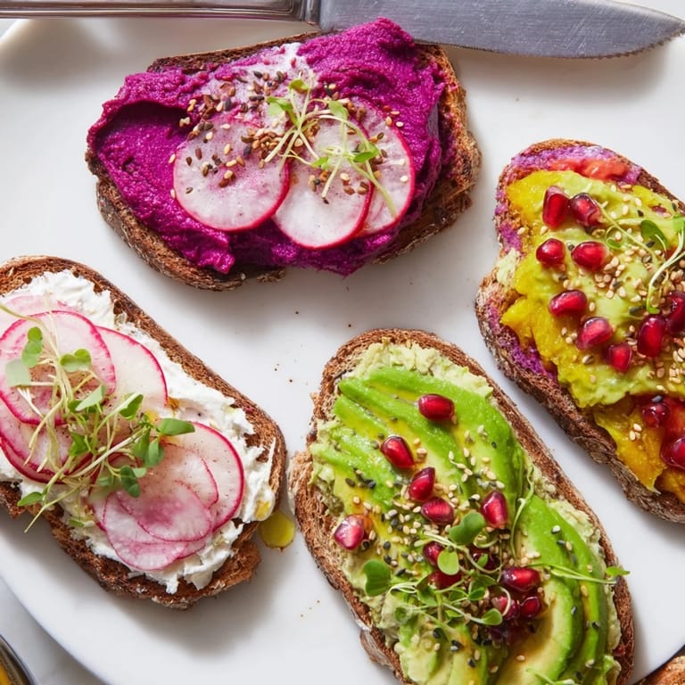 Delectable Bright & Bold Breakfast Toasts layered with creamy ube and fresh garnishes, perfect for brunch.