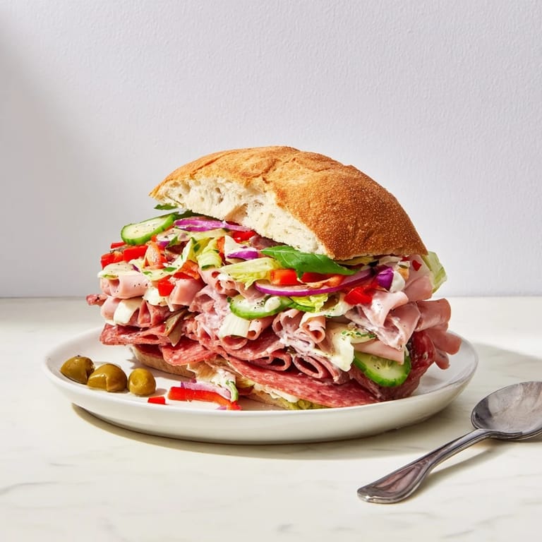 Deliciously layered Flavor Mash-Up Sandwiches drizzled with creamy dressing and herbs.  