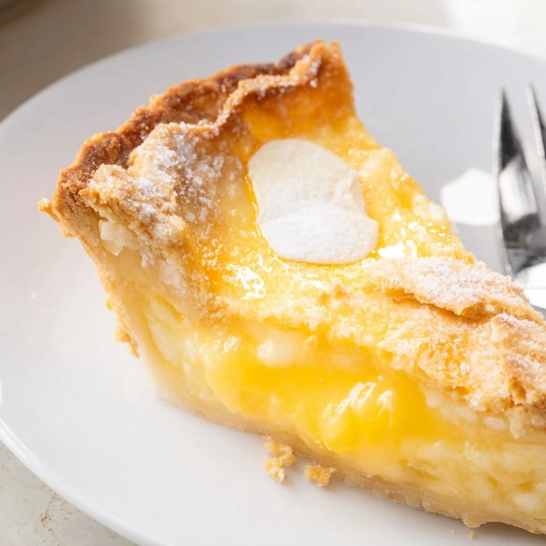 Decadent water pie ready to serve, topped with fresh berries and whipped cream.