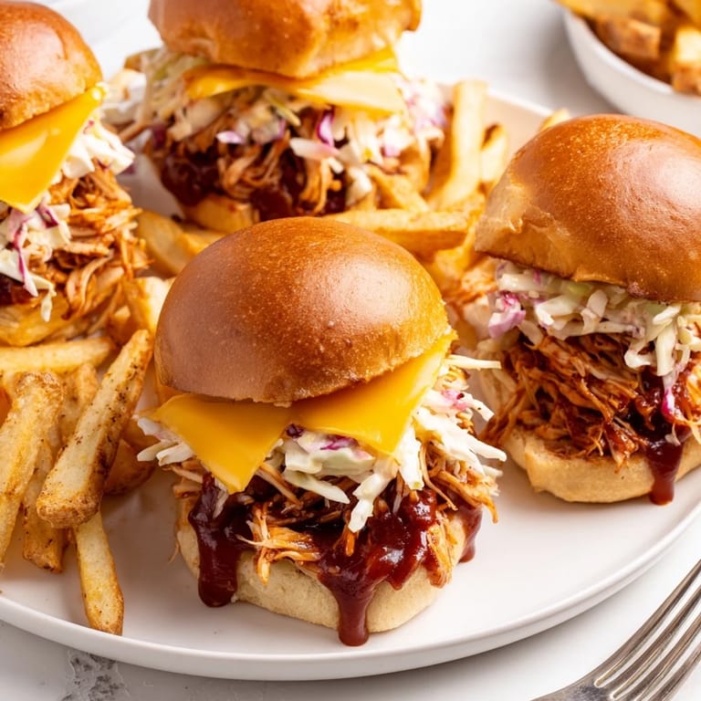 Tender shredded BBQ chicken nestled in slider buns, served with crispy fries.  