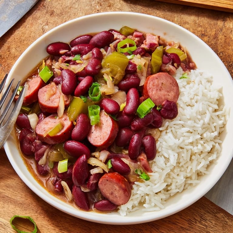 Hearty Red Beans & Rice featuring tender beans and flavorful spices in a warm bowl.  