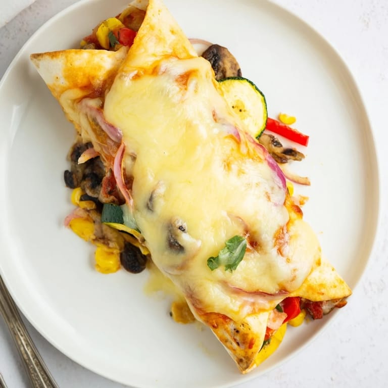Savory Farmers Market Vegetarian Enchiladas served with avocado and tangy lime wedges.