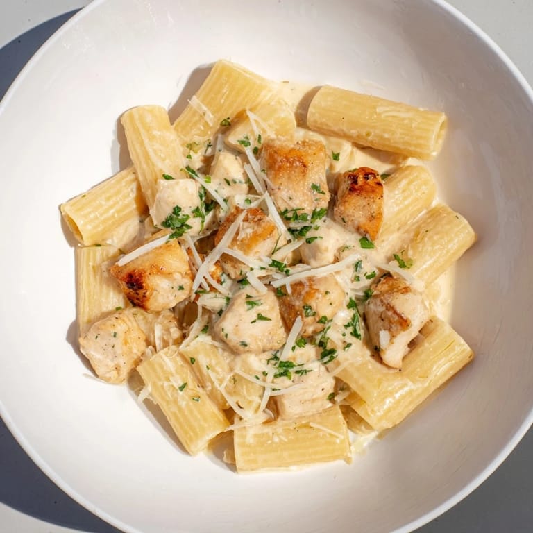 A close-up of tender chicken and rigatoni pasta bathed in a luscious Garlic Parmesan sauce.