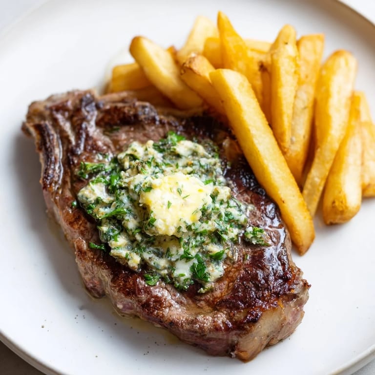 Juicy ribeye steak, seared to perfection alongside oven-baked fries – a classic Steakhouse Garlic Butter Steak & Fries.