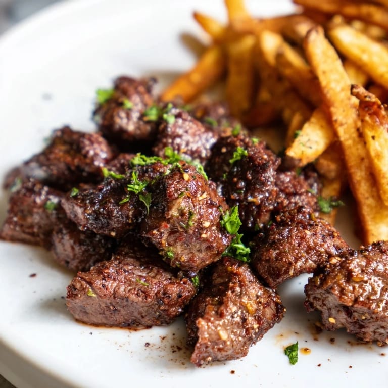 Enjoy a plate of juicy Blackened Cajun Steak Bites alongside a generous portion of seasoned, crispy fries, ready to eat!