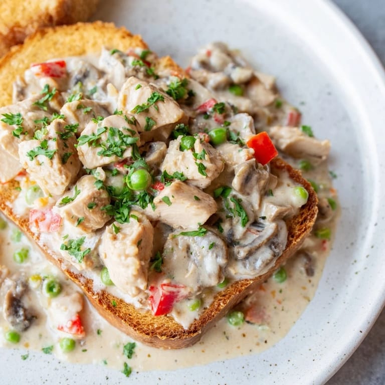 Warm, hearty Chicken à la King, a simple recipe, served generously over golden toasted bread slices.