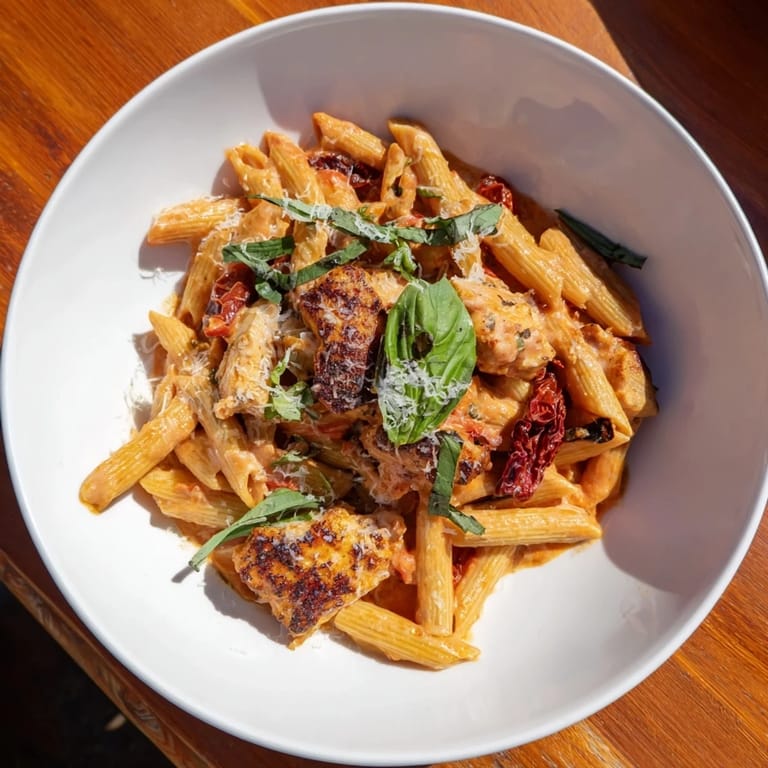 A steaming plate of Creamy Tomato Basil Chicken Pasta, with Parmesan cheese and basil leaves adding flavor and color.