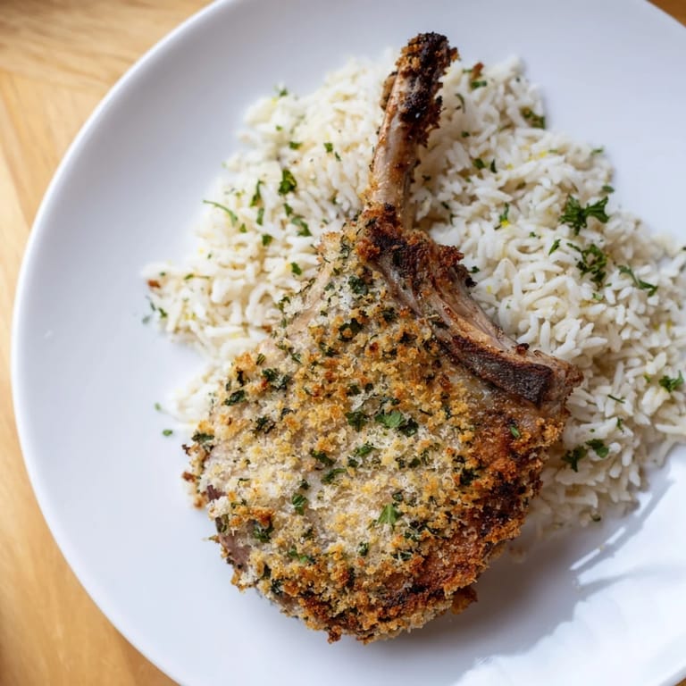 Sizzling Parmesan Herb Pork Chops, showing off a perfectly browned crust over fragrant rice.