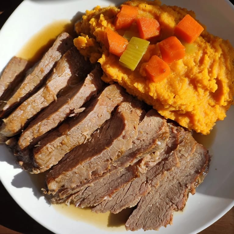 Fork-tender Classic Brisket & Mashed Sweet Potatoes are served with rich braising sauce and vegetables.