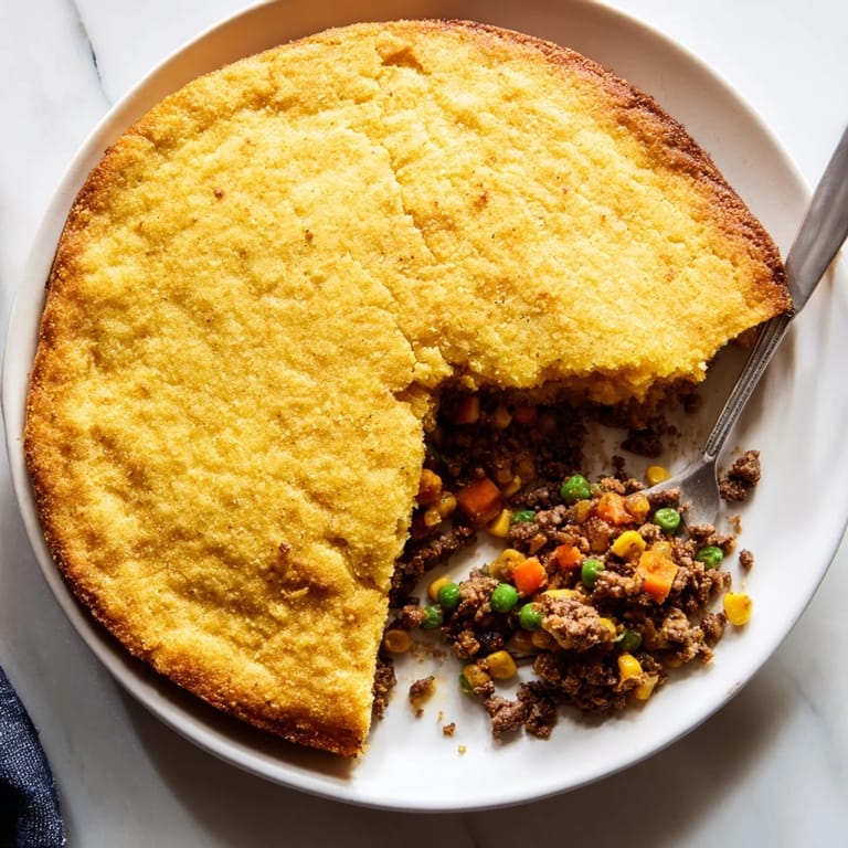 Slice into the warm Cornbread Crusted Beef Pie to reveal tender beef and vegetables with its golden crust.