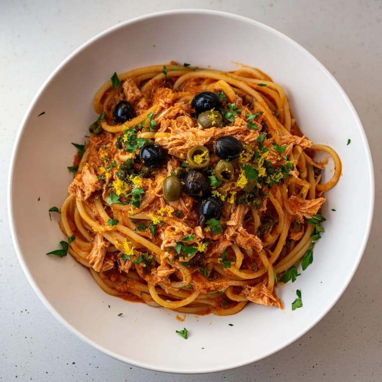 Golden spaghetti piled high with Pasta with Tuna, Olives & Capers, ready to enjoy.