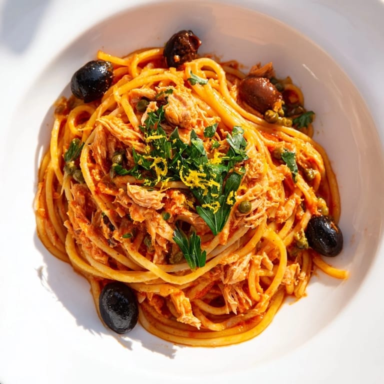 Flavorful Pasta with Tuna, Olives & Capers served, garnished with fresh parsley and lemon zest.