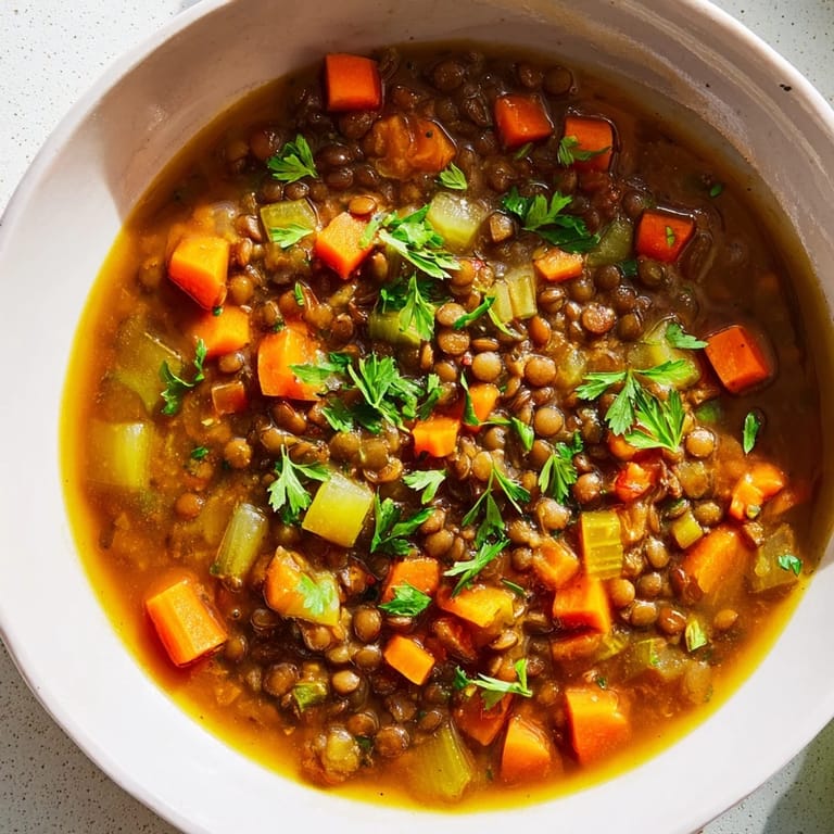 Warm, flavorful Lentil Soup, featuring tender carrots and celery, perfect for a cozy supper.