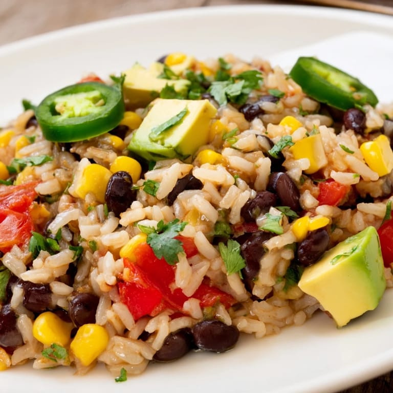 A colorful bowl of One-Pot Mexican Rice & Beans, a quick and easy weeknight dinner recipe.
