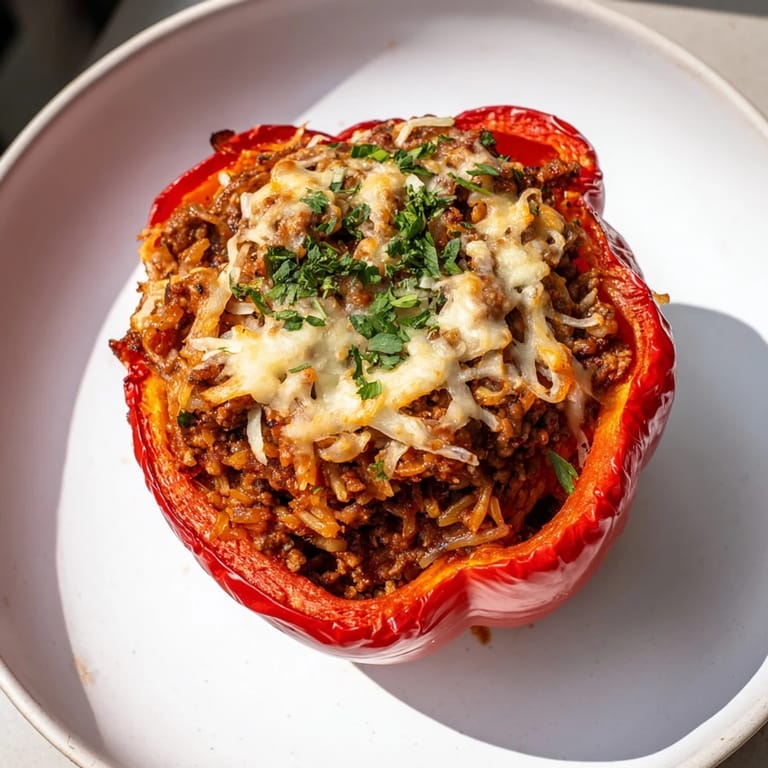 A close-up of baked Sloppy Joe Stuffed Peppers overflowing with a flavorful ground beef filling.