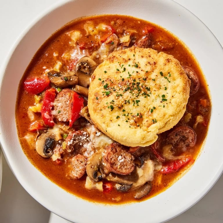 See the savory, cheesy layers of this Pizza Pot Pie Soup, perfect for a cozy, flavorful dinner.