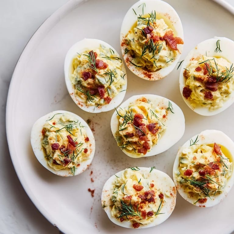 Perfect party food: Close-up of flavorful Loaded Deviled Eggs with bacon and a dusting of paprika.