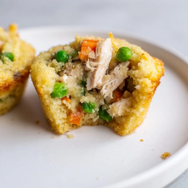 A close-up shot of several Mini Chicken Pot Pie Cornbread Muffins, tender and savory in an ideal bite.
