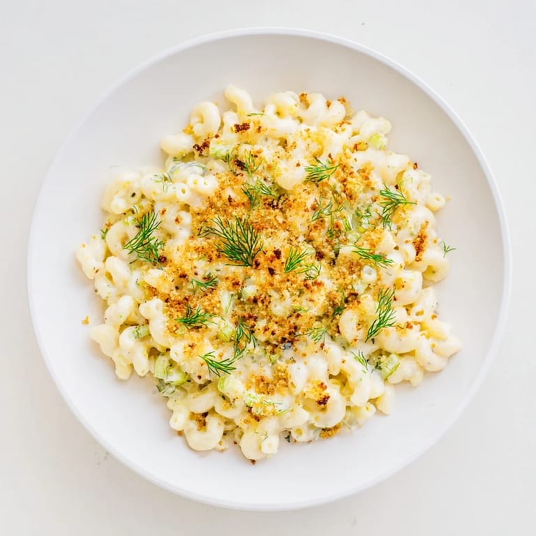 A close-up of creamy Pickle Mac and Cheese, studded with dill pickles and served hot.