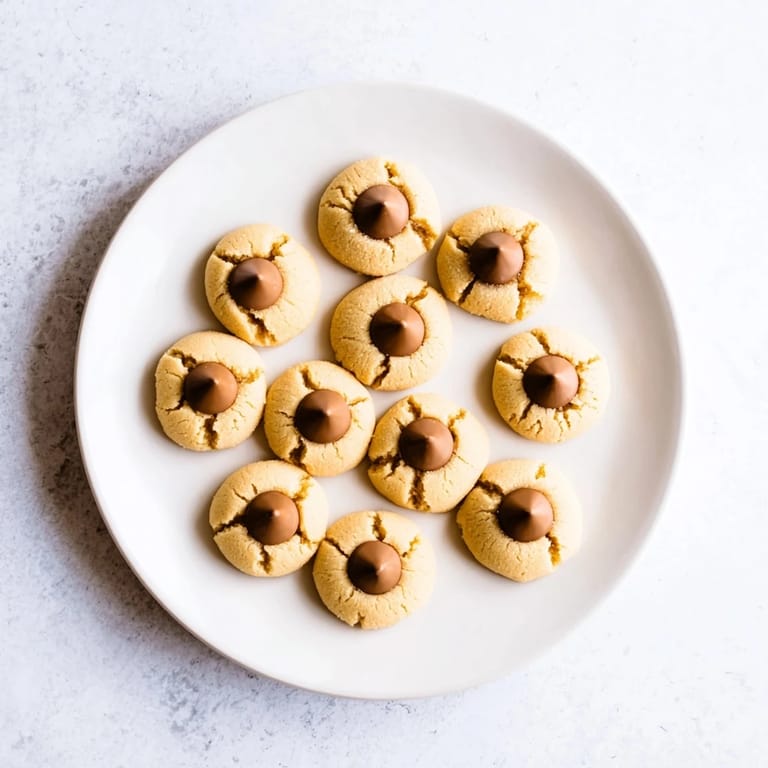 Perfectly baked 3-Ingredient Peanut Butter Blossoms, with melted chocolate kisses, offering sweet sensations.