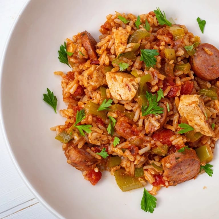 A steaming bowl of Simple Chicken and Sausage Jambalaya Bake, a perfect comfort food with vibrant colors.