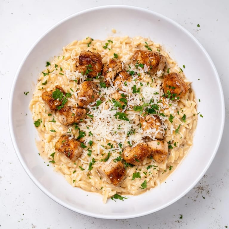 A steaming bowl of flavorful One-Pot Cajun Chicken Alfredo Orzo with tender chicken and Parmesan cheese.