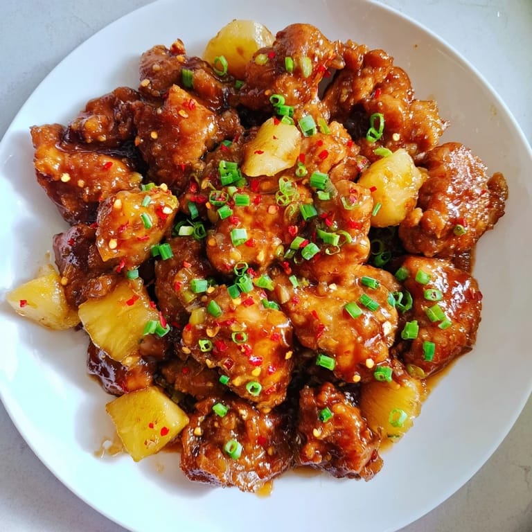 A baking dish of steaming Brown Sugar Pineapple Chicken, offering a sweet and savory aroma.