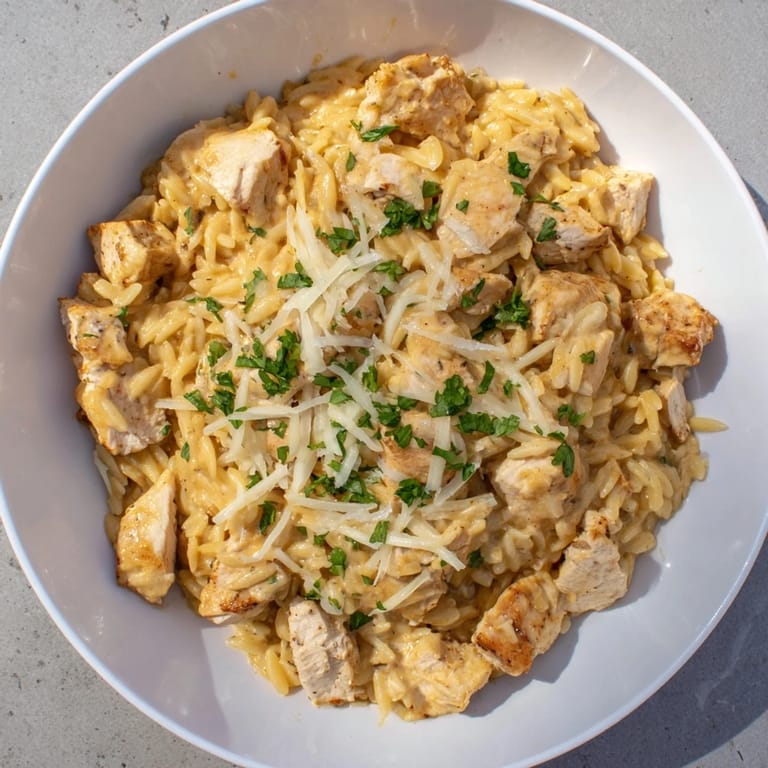 Imagine a bowl of delicious One-Pot Cajun Chicken Alfredo Orzo, filled with creamy sauce and chicken.